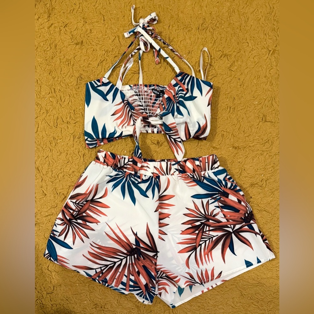 Never worn Tropical Leaf Print Two-Piece Set - White, Coral & Navy